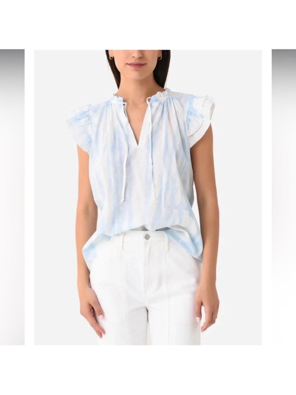 STARK X Light Blue Tie-Dye Ruffle Neck Cap Sleeve Blouse